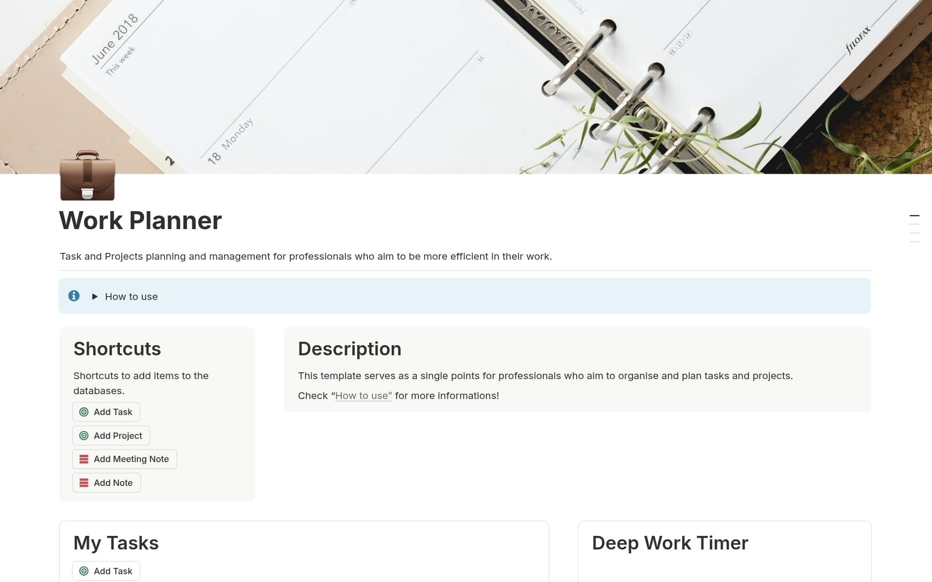 A template preview for Work Planner