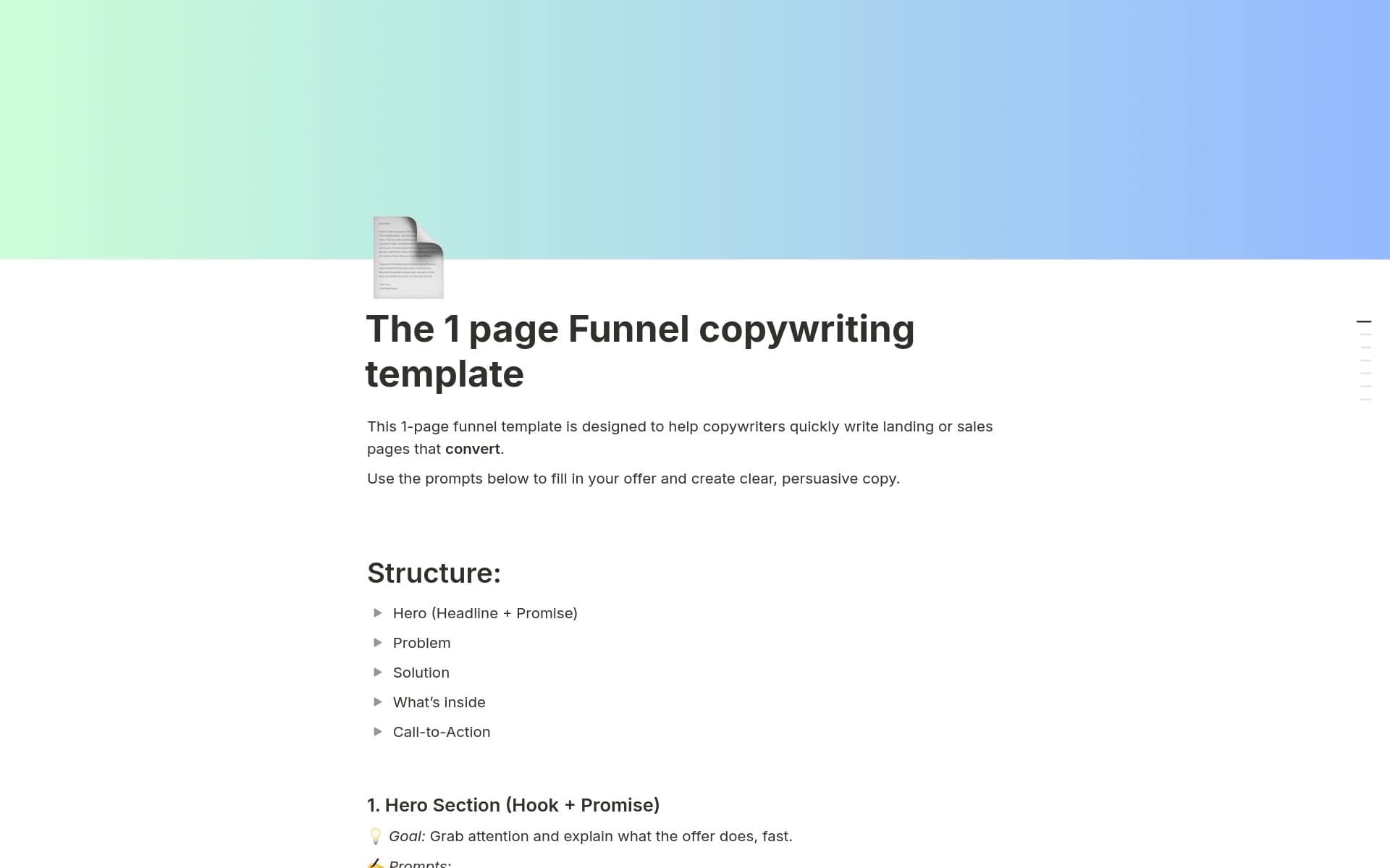 A template preview for 1 page funnel copywriting