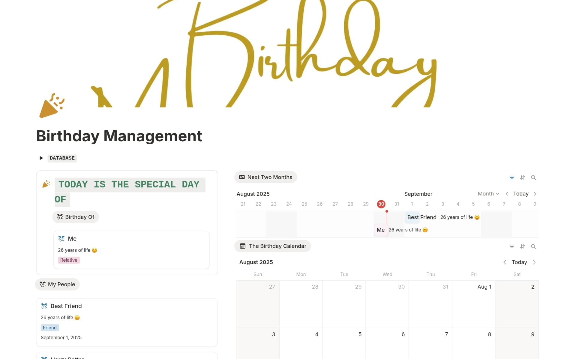 A template preview for Birthday Management