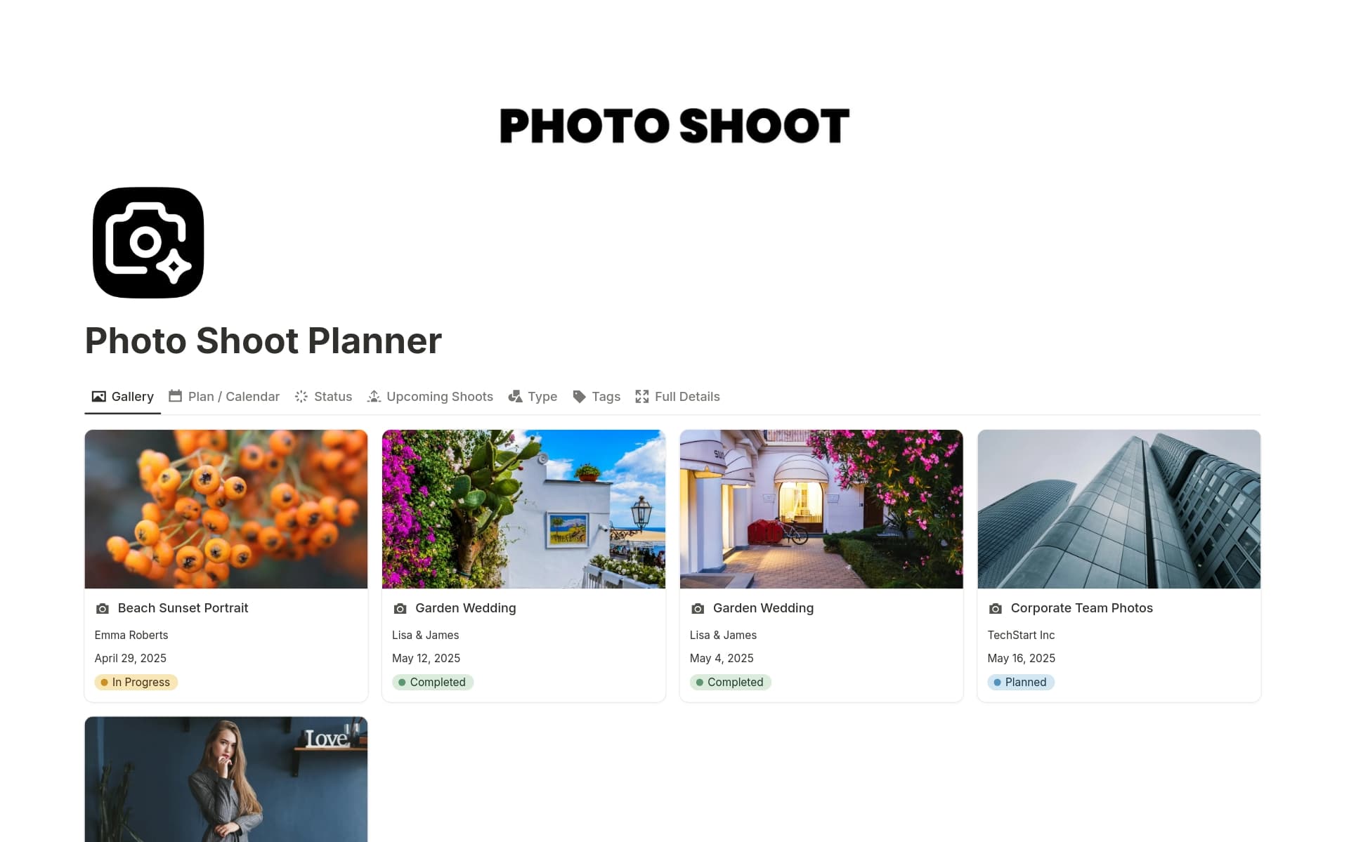 Uma prévia do modelo para Photo Shoot Planner