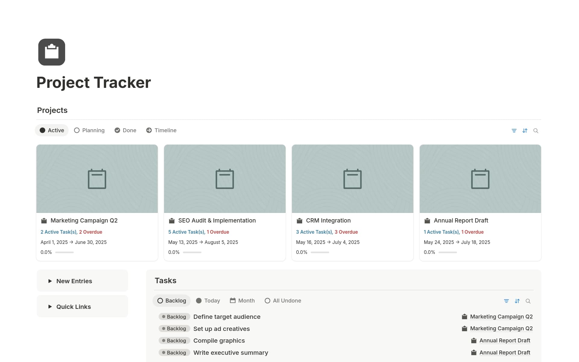 A template preview for Project Tracker Hub