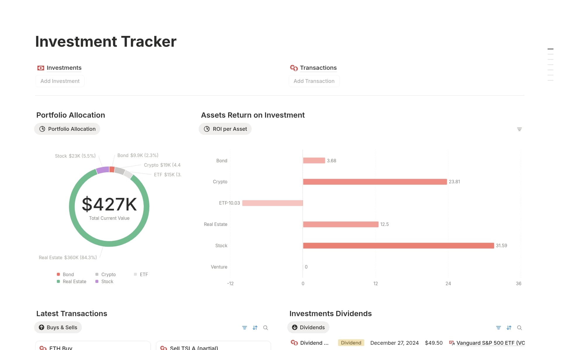 A template preview for Investment Tracker