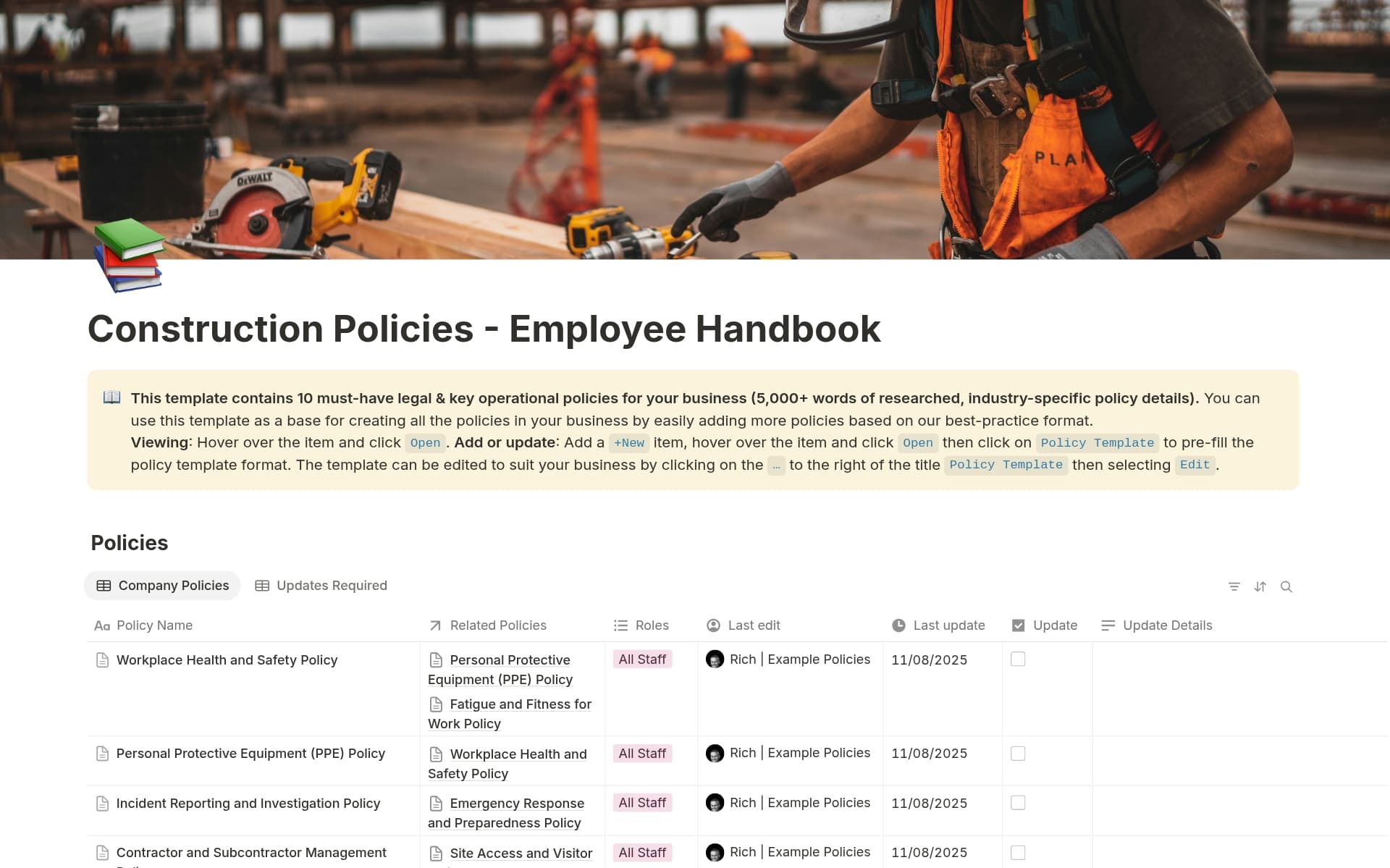 A template preview for Construction Policies - Employee Handbook