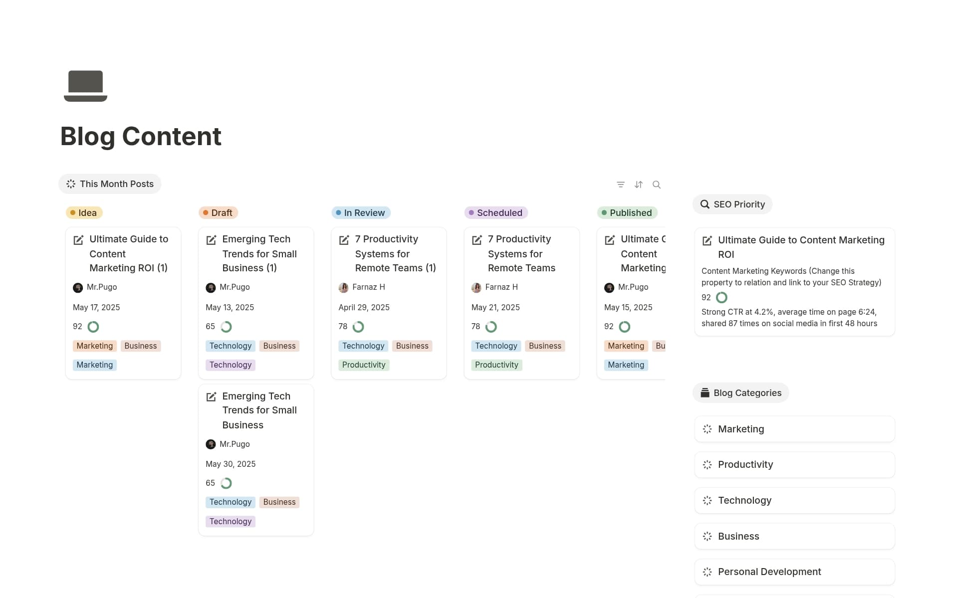 A template preview for Blog Content
