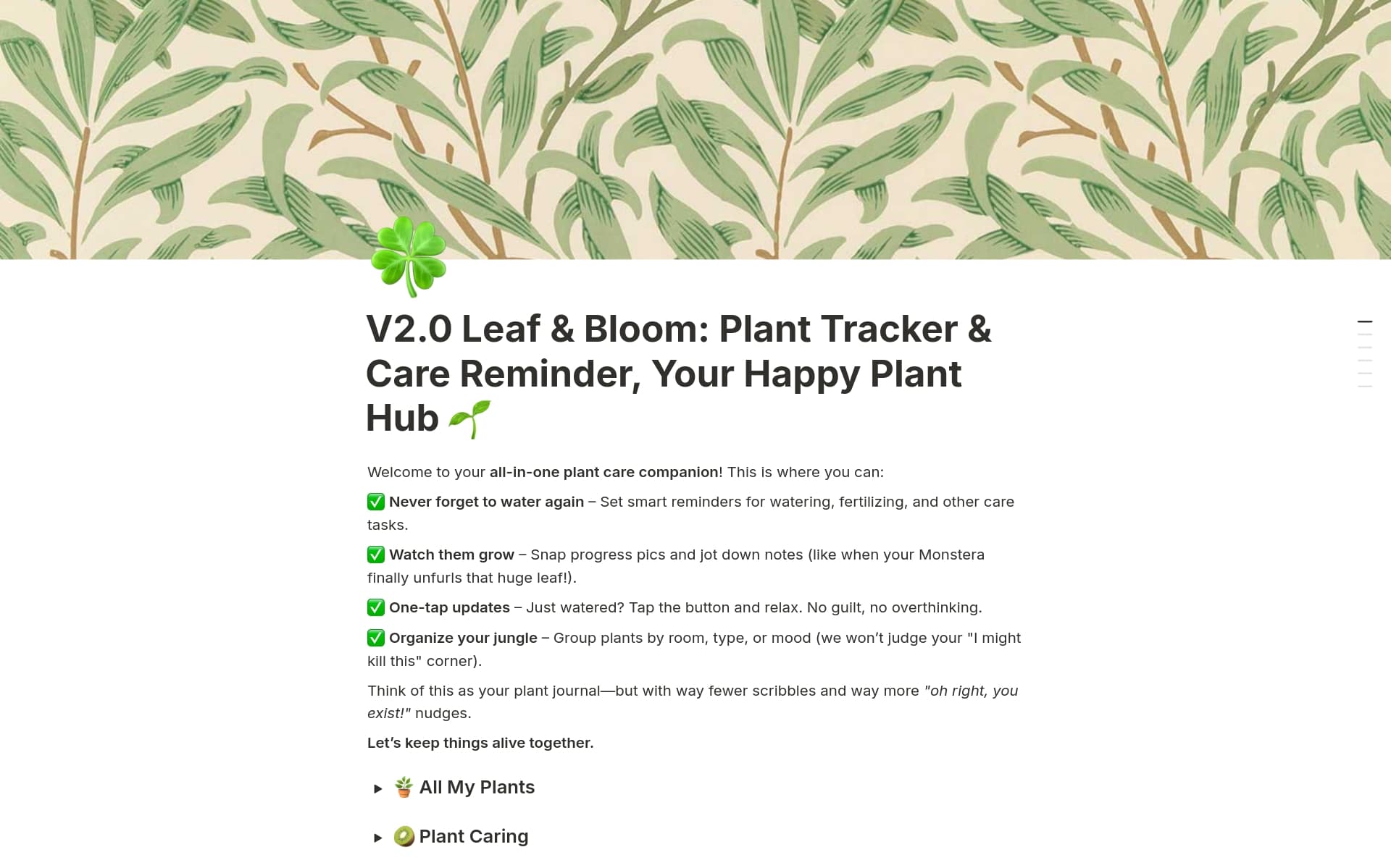 A template preview for V2.0 Leaf & Bloom: Plant Tracker, Care Hub
