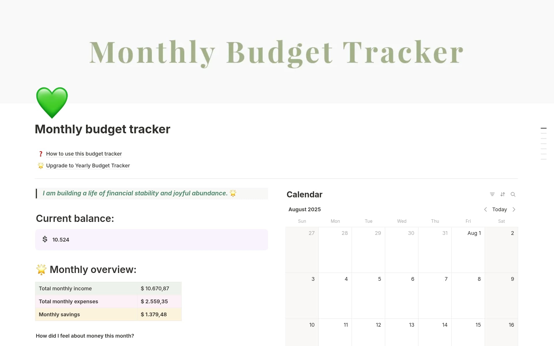 A template preview for Monthly budget tracker