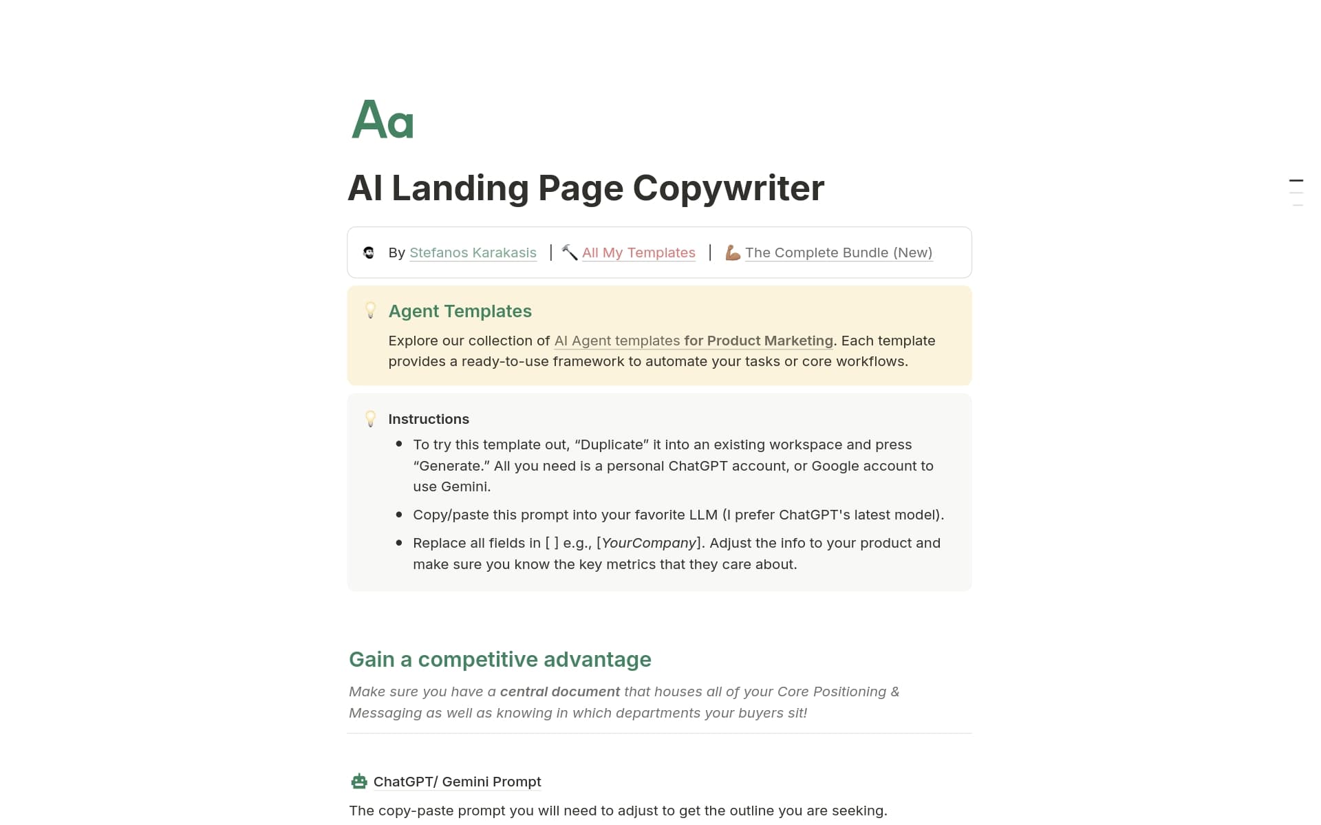A template preview for AI Landing Page Copywriter