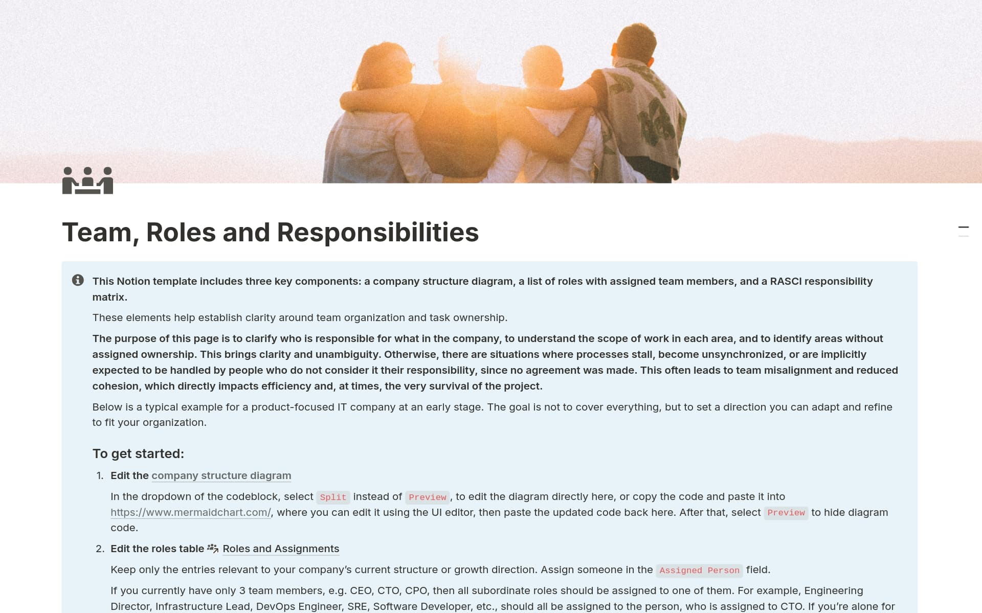 A template preview for Team, Roles and Responsibilities