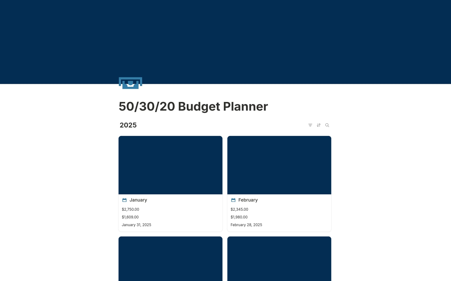 A template preview for 50/30/20 Budget Planner