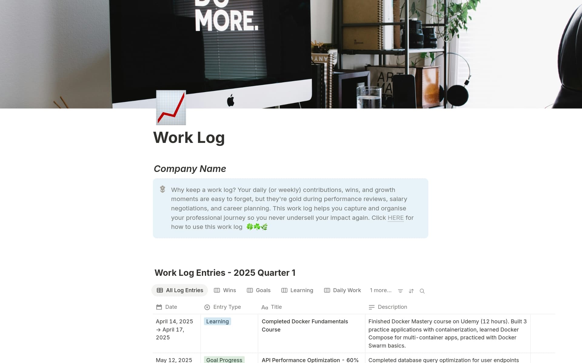 A template preview for Work Log