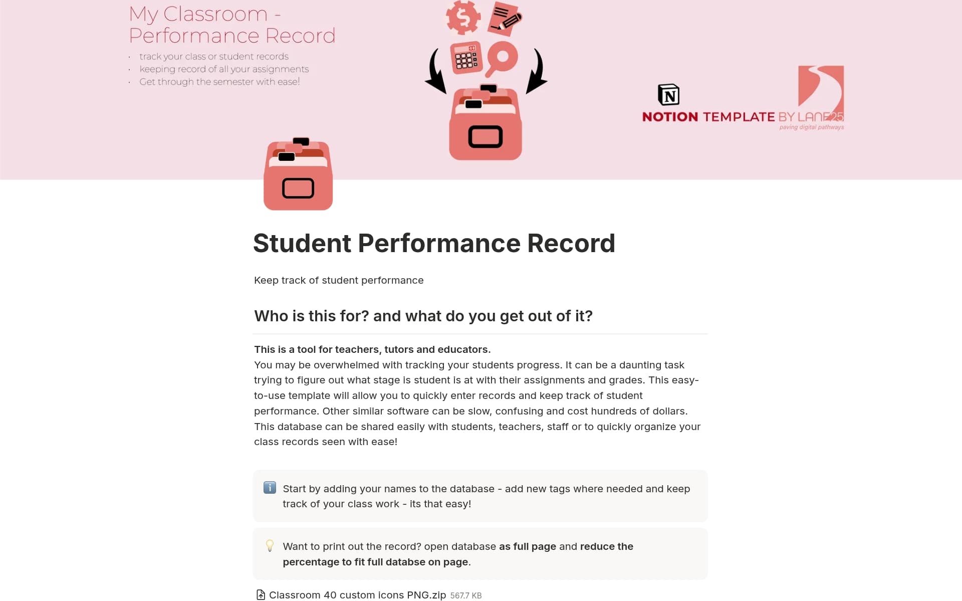 A template preview for Student Performance Record
