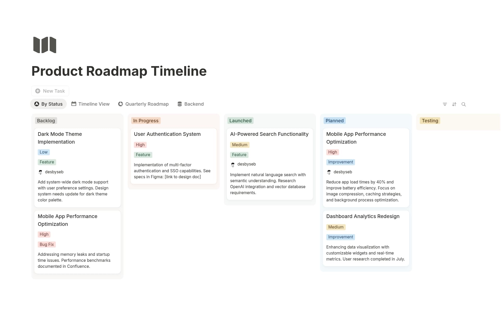 A template preview for Product Roadmap Timeline