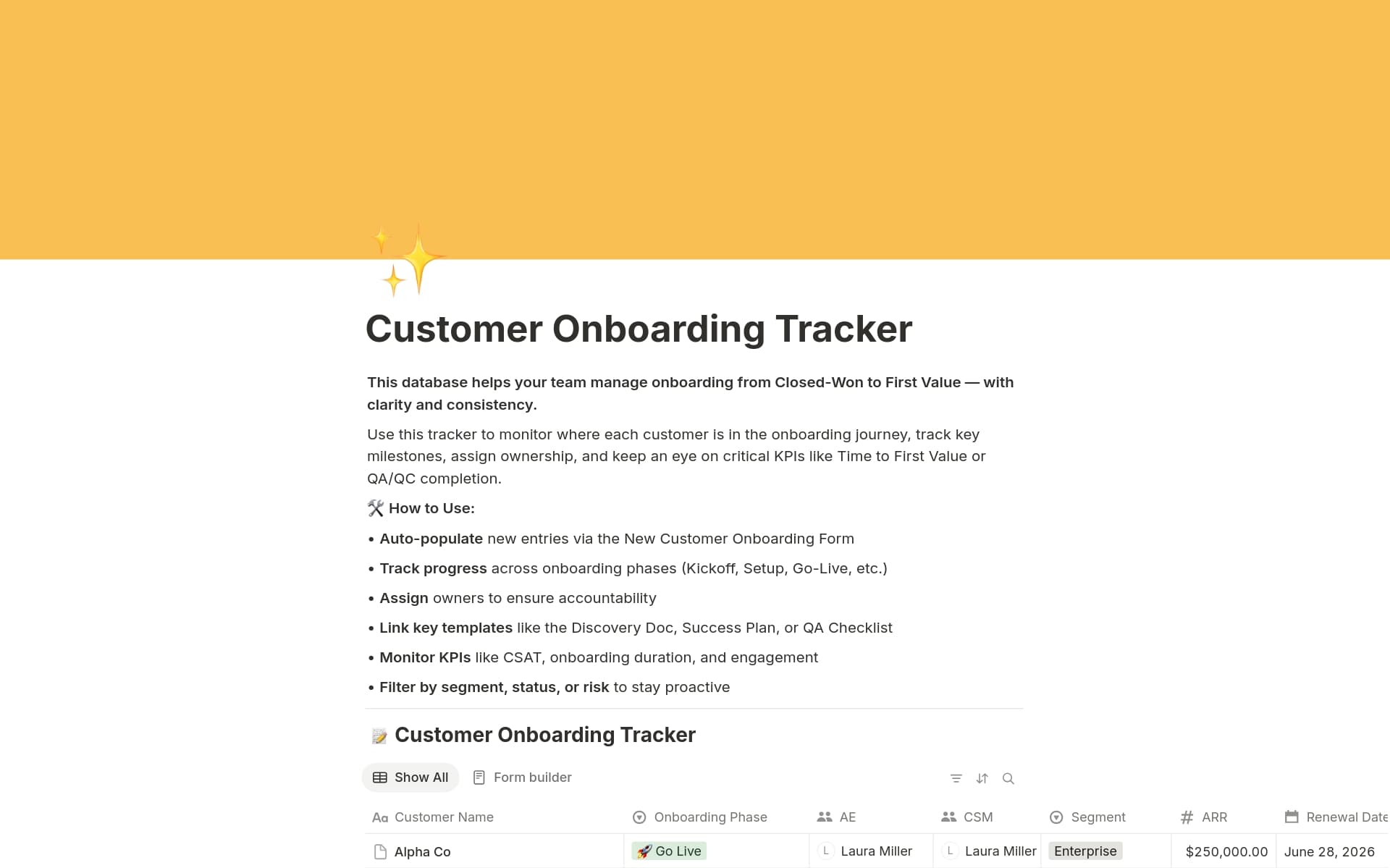 A template preview for ✨ Customer Onboarding Tracker