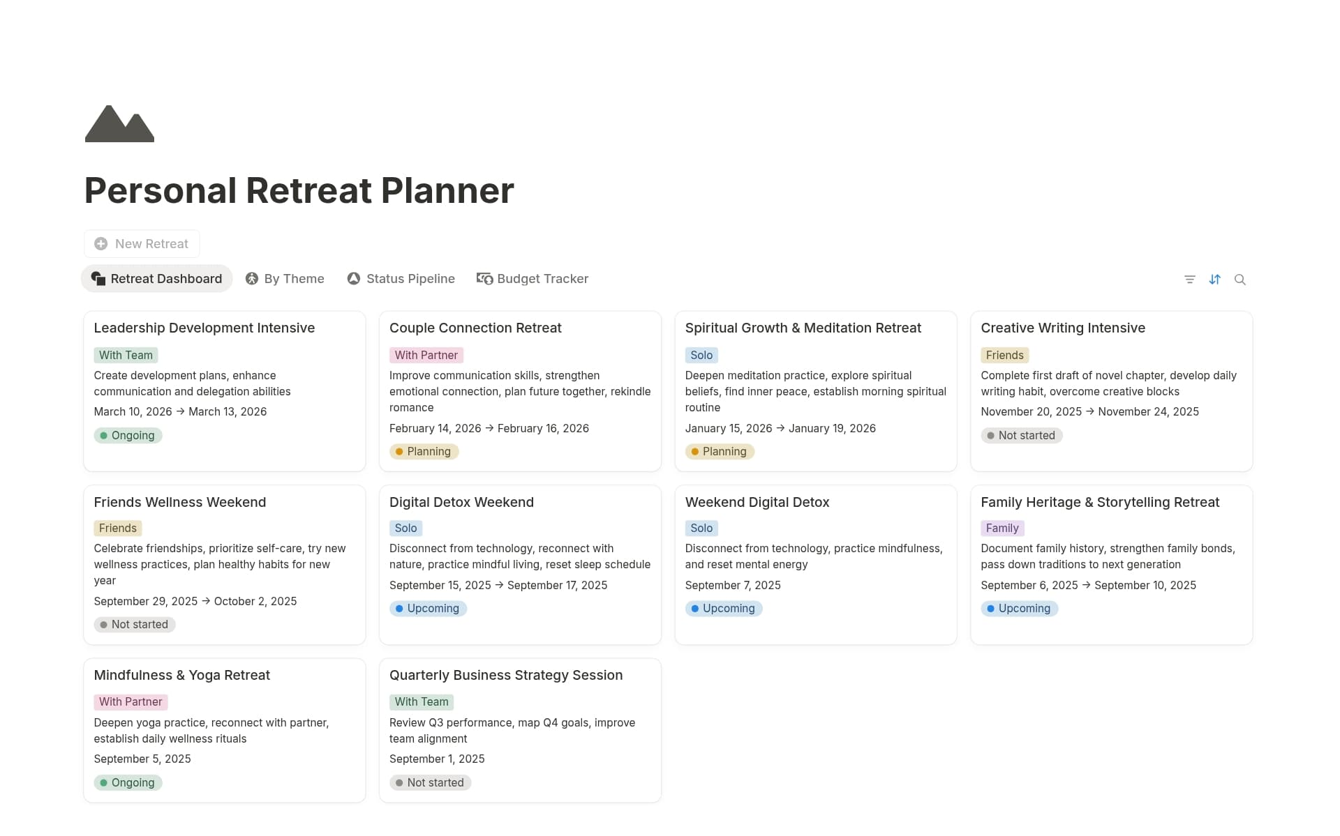 A template preview for Personal Retreat Planner