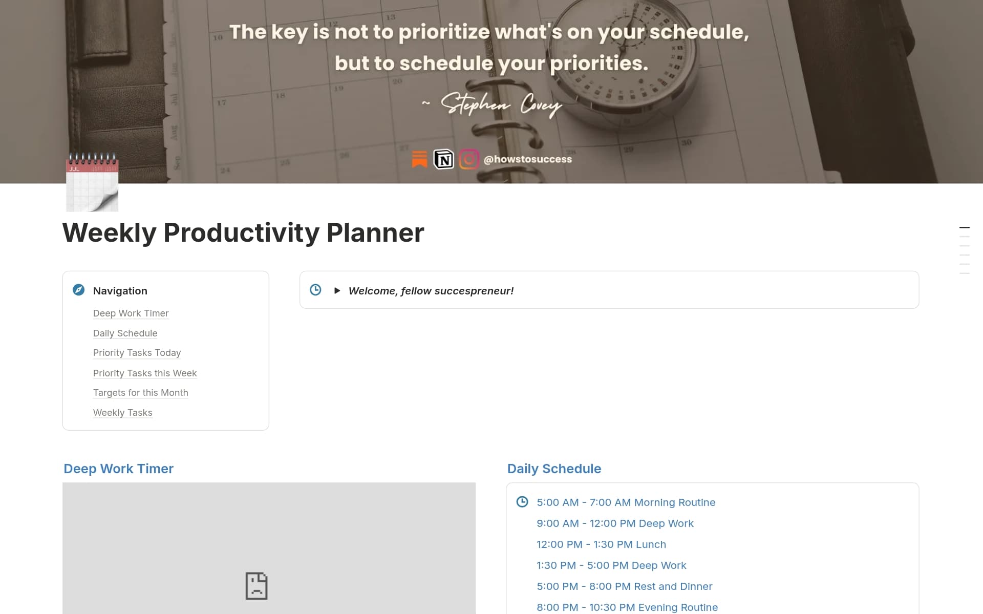 A template preview for Weekly Productivity Planner