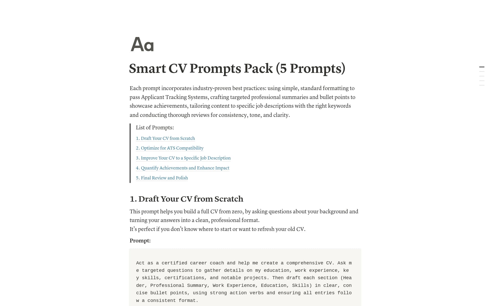A template preview for Smart CV Prompts Pack (5 Prompts)