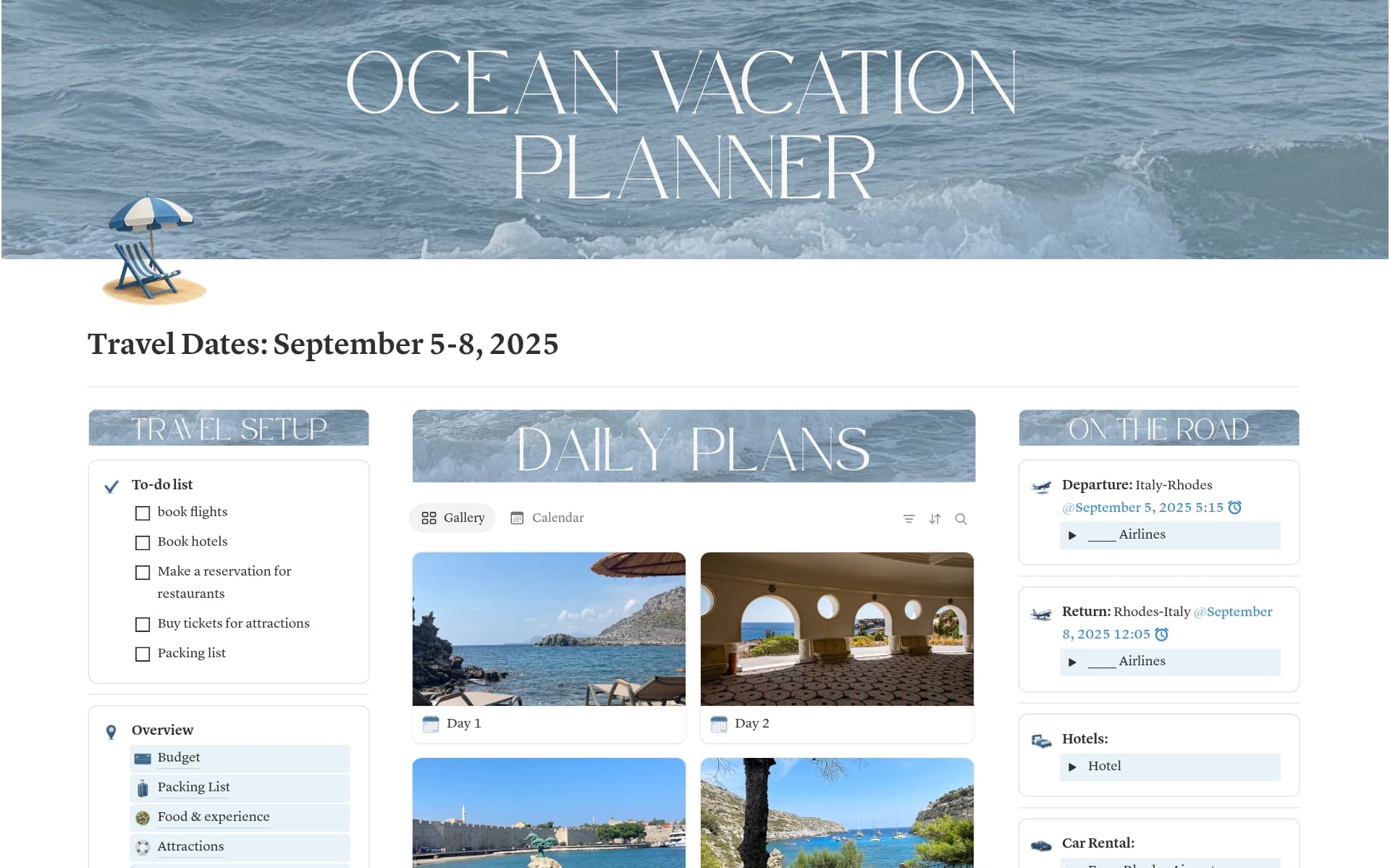 A template preview for Ocean Vacation Planner