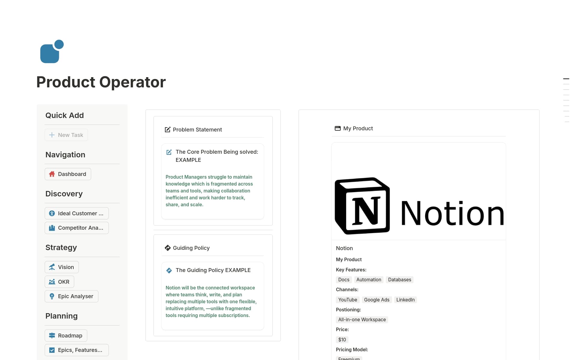 A template preview for Product Operator