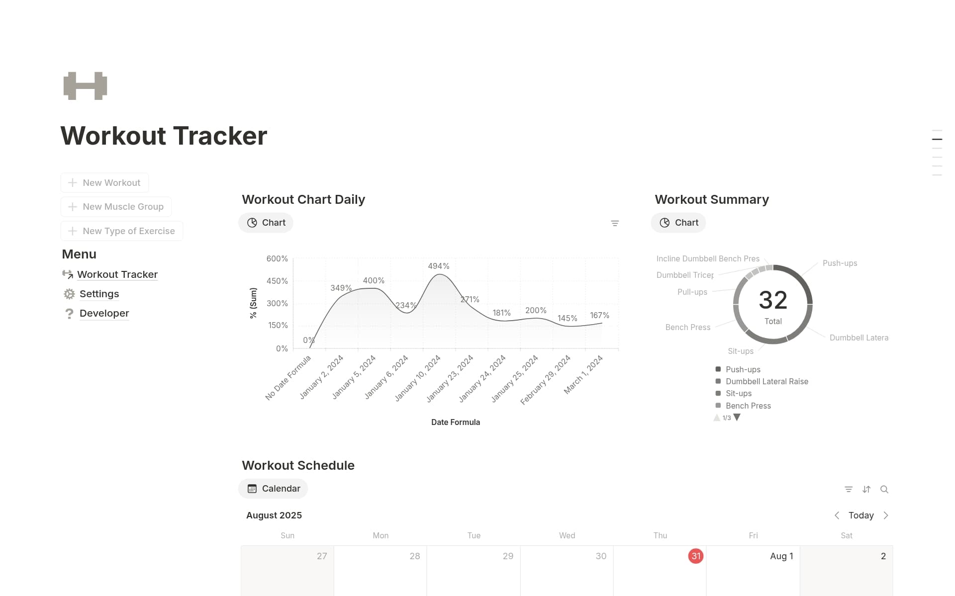 A template preview for Workout Tracker 2025
