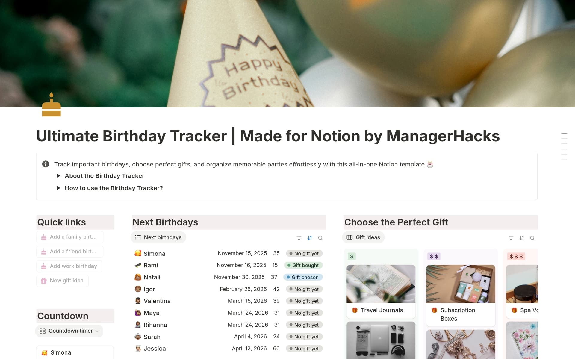 A template preview for Premium Birthday Tracker