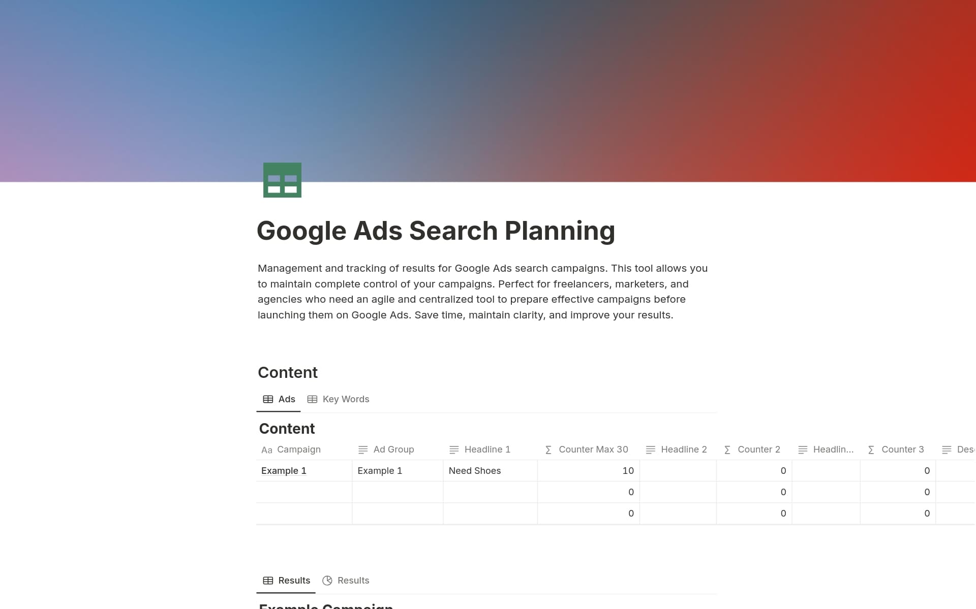 A template preview for Planning Google Ads Search Campaigns