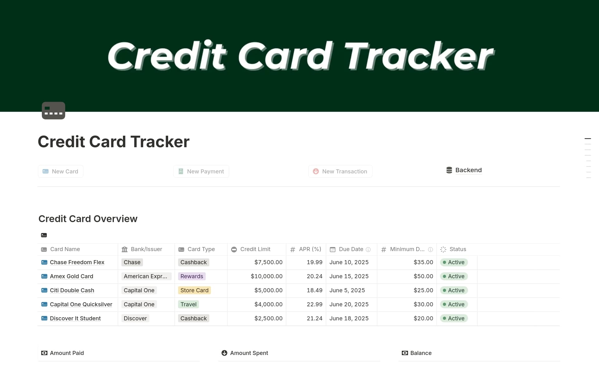 A template preview for Credit Card Tracker (Basic Version)