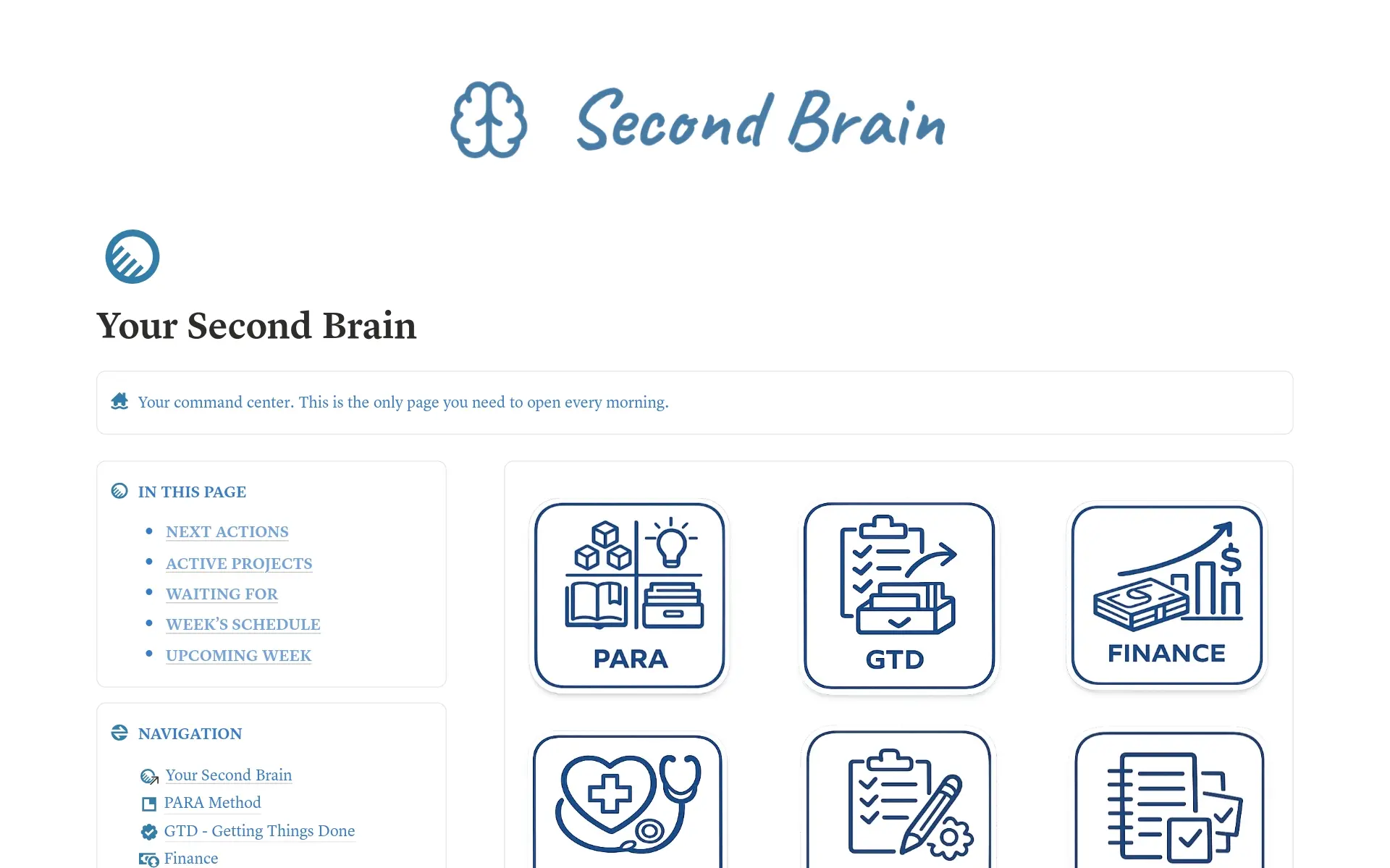 A template preview for Second Brain : PARA GTD & Life System