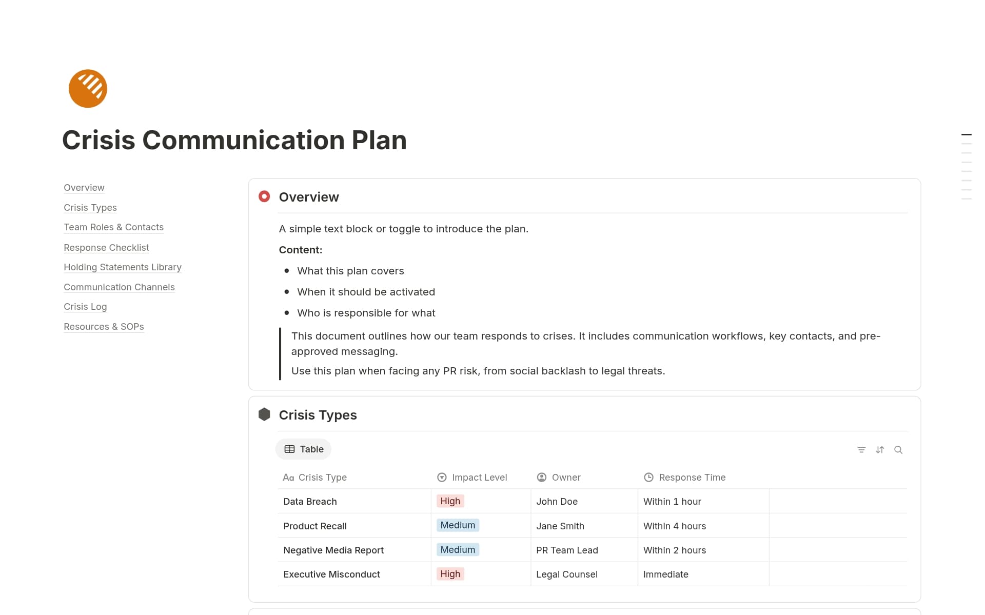 A template preview for Crisis Communication Plan