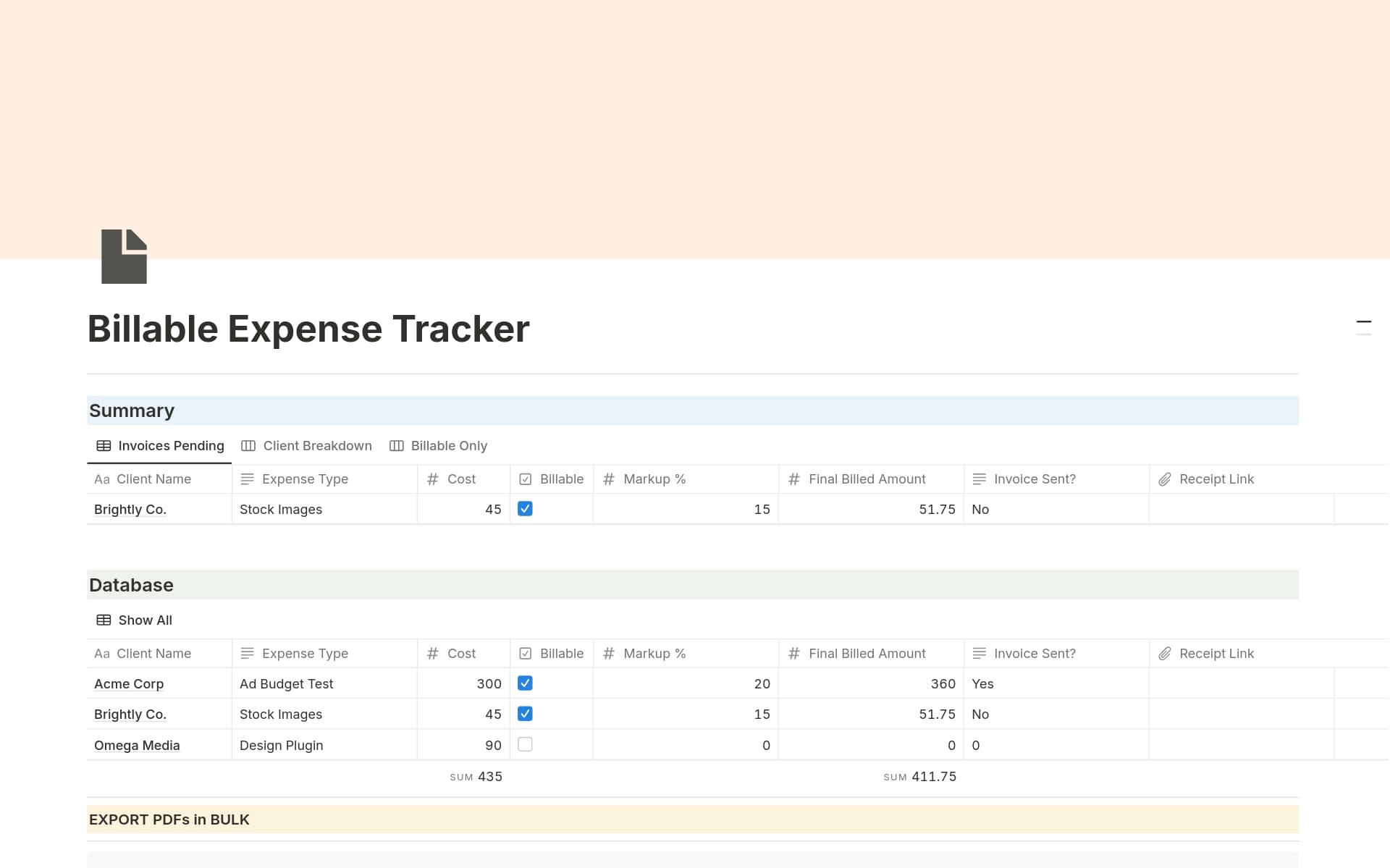 A template preview for Billable Expense Tracker