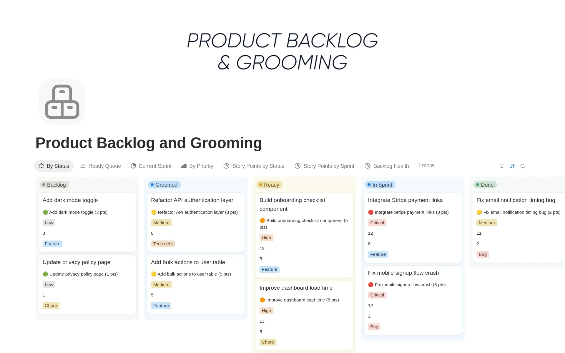 Product Backlog and Grooming template preview