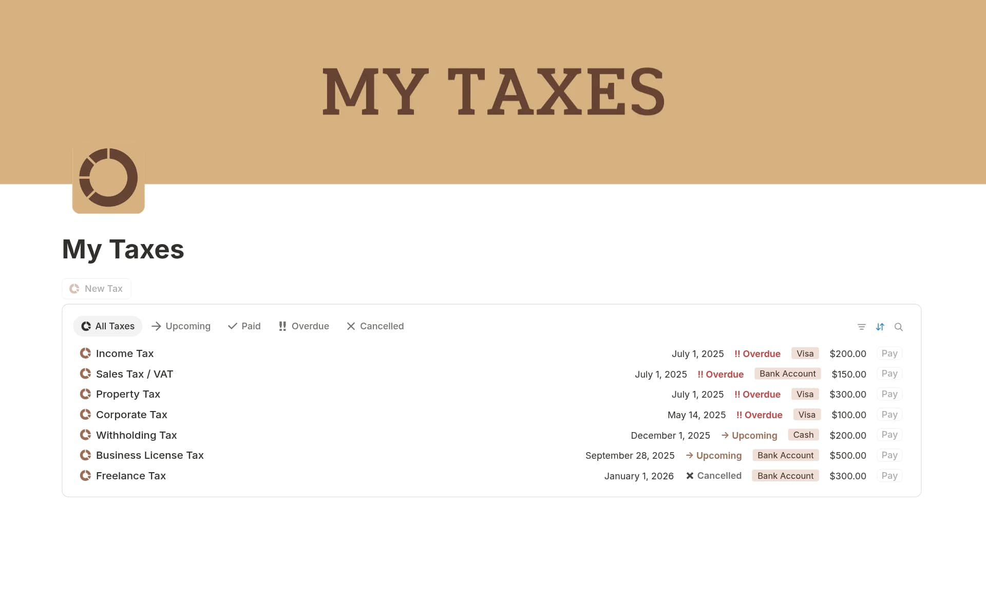 A template preview for My Taxes
