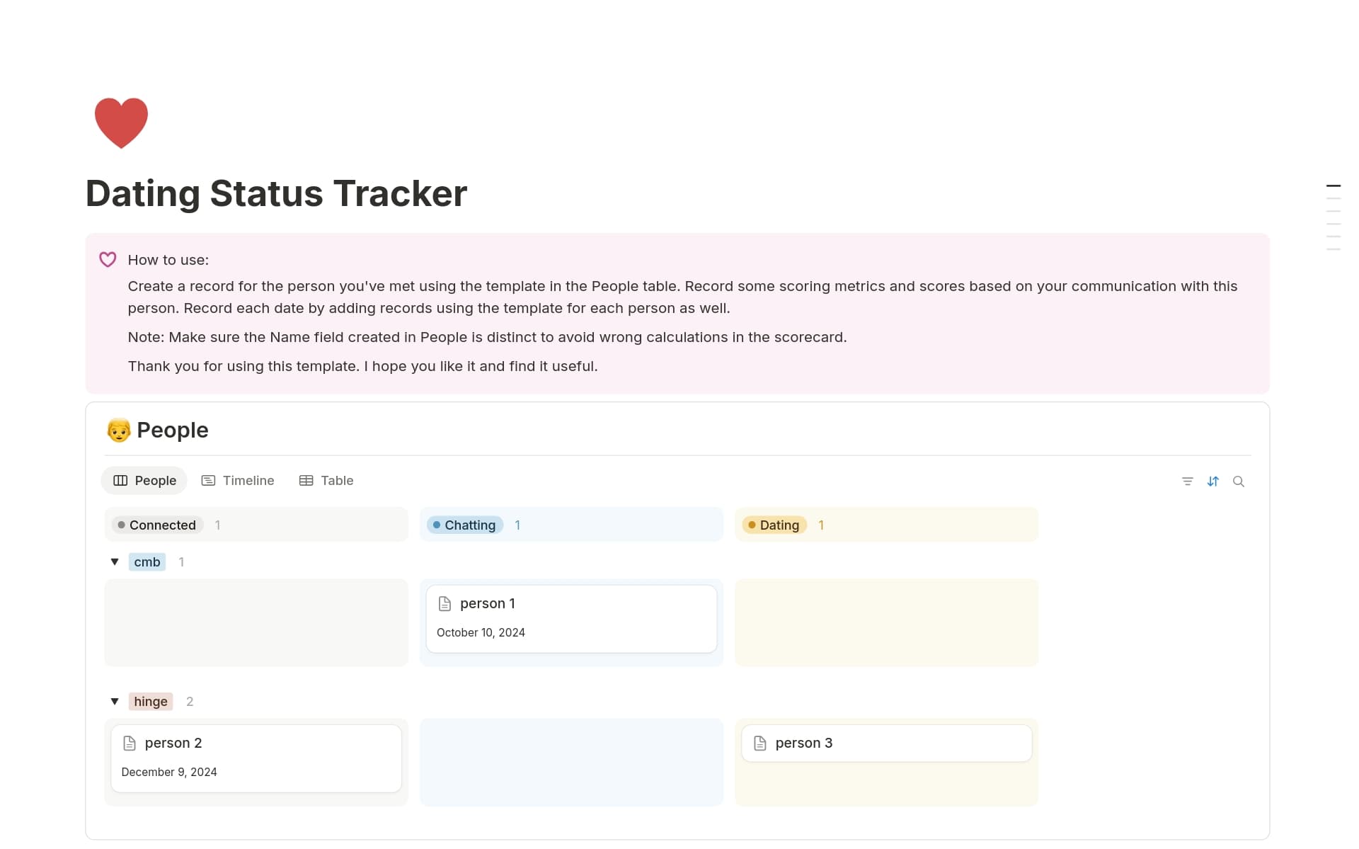 A template preview for Dating Status Tracker
