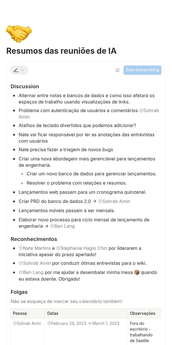 Captura de tela do aplicativo móvel do Notion