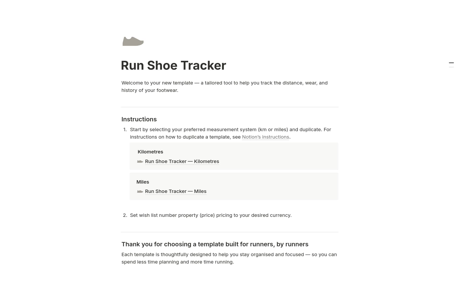 A template preview for Run Shoe Tracker