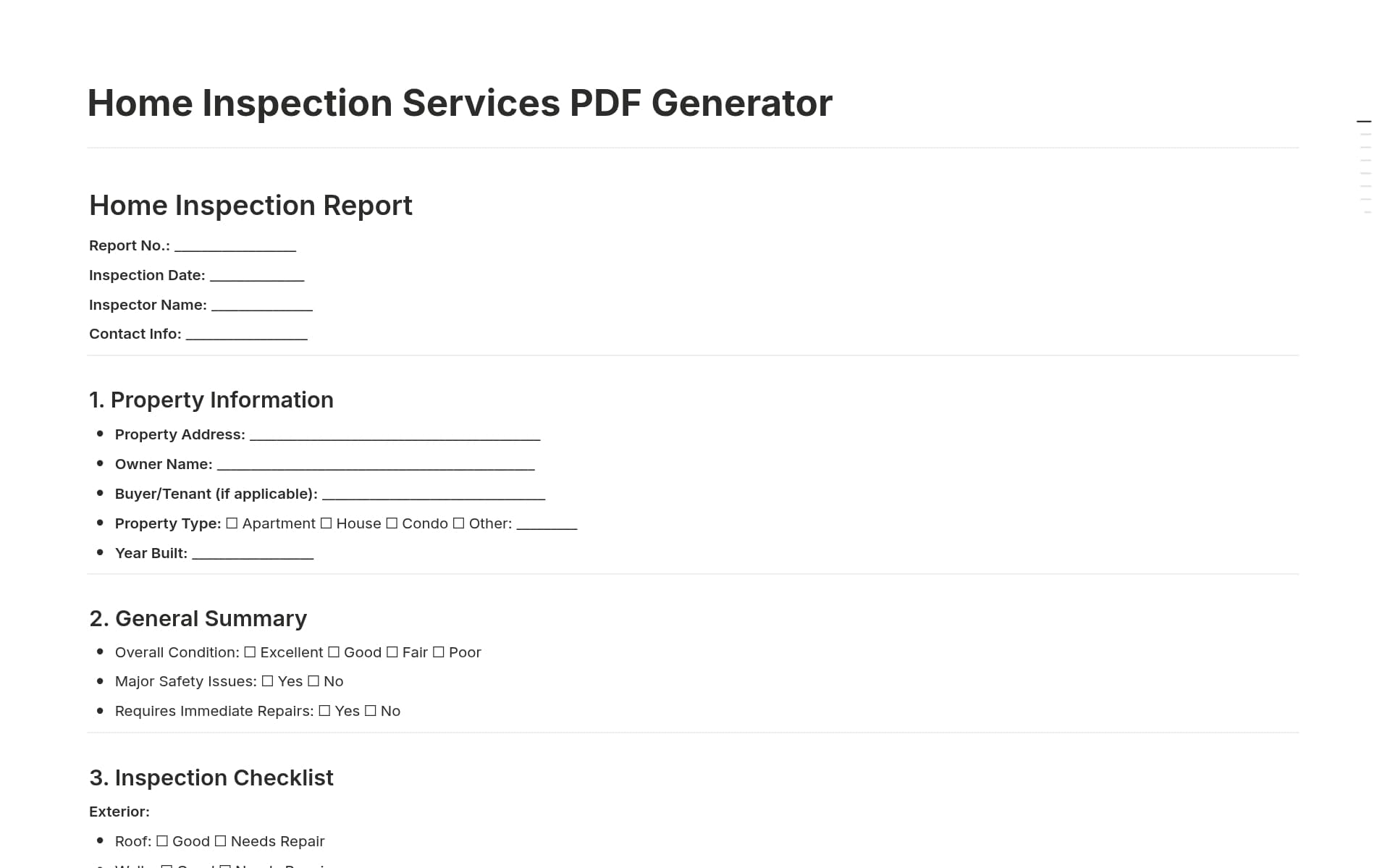 A template preview for Home Inspection Services PDF Generator