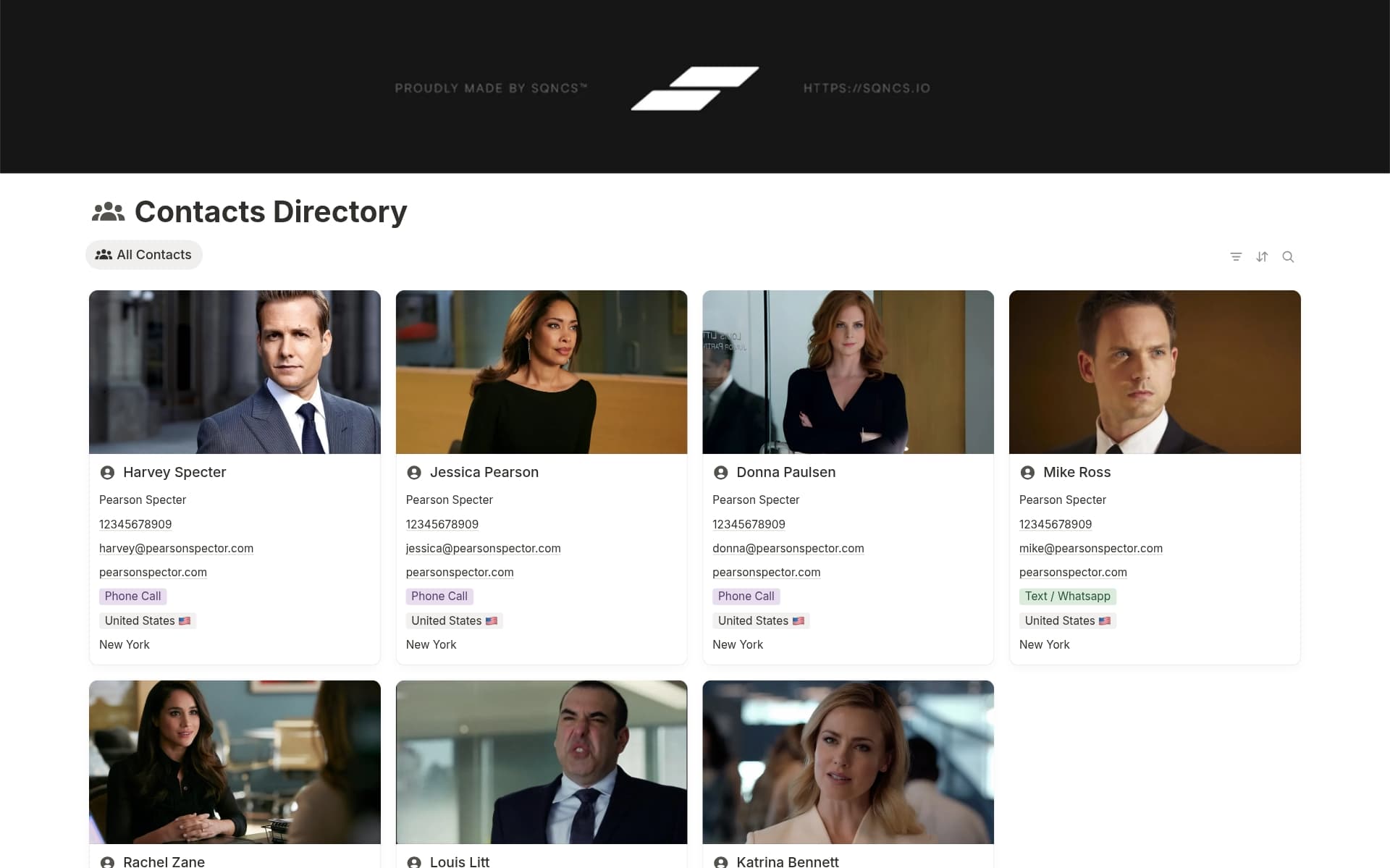 A template preview for Contacts Directory