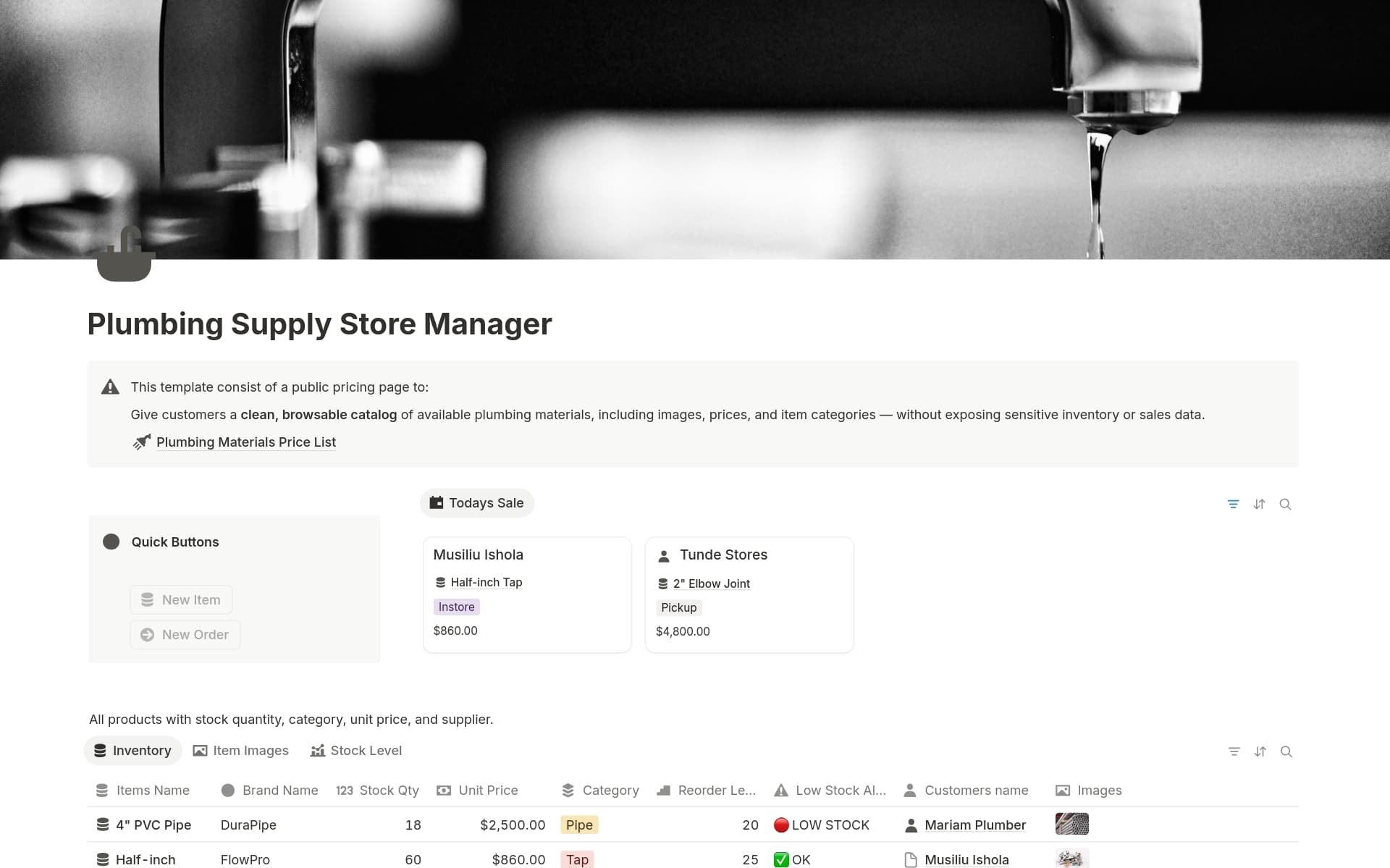 This Notion template is designed specifically for plumbing material sellers and supply store owners, making it easy to manage inventory, monitor sales, track customer orders, and share a public price list with customers — all in one clean and easy-to-use workspace.