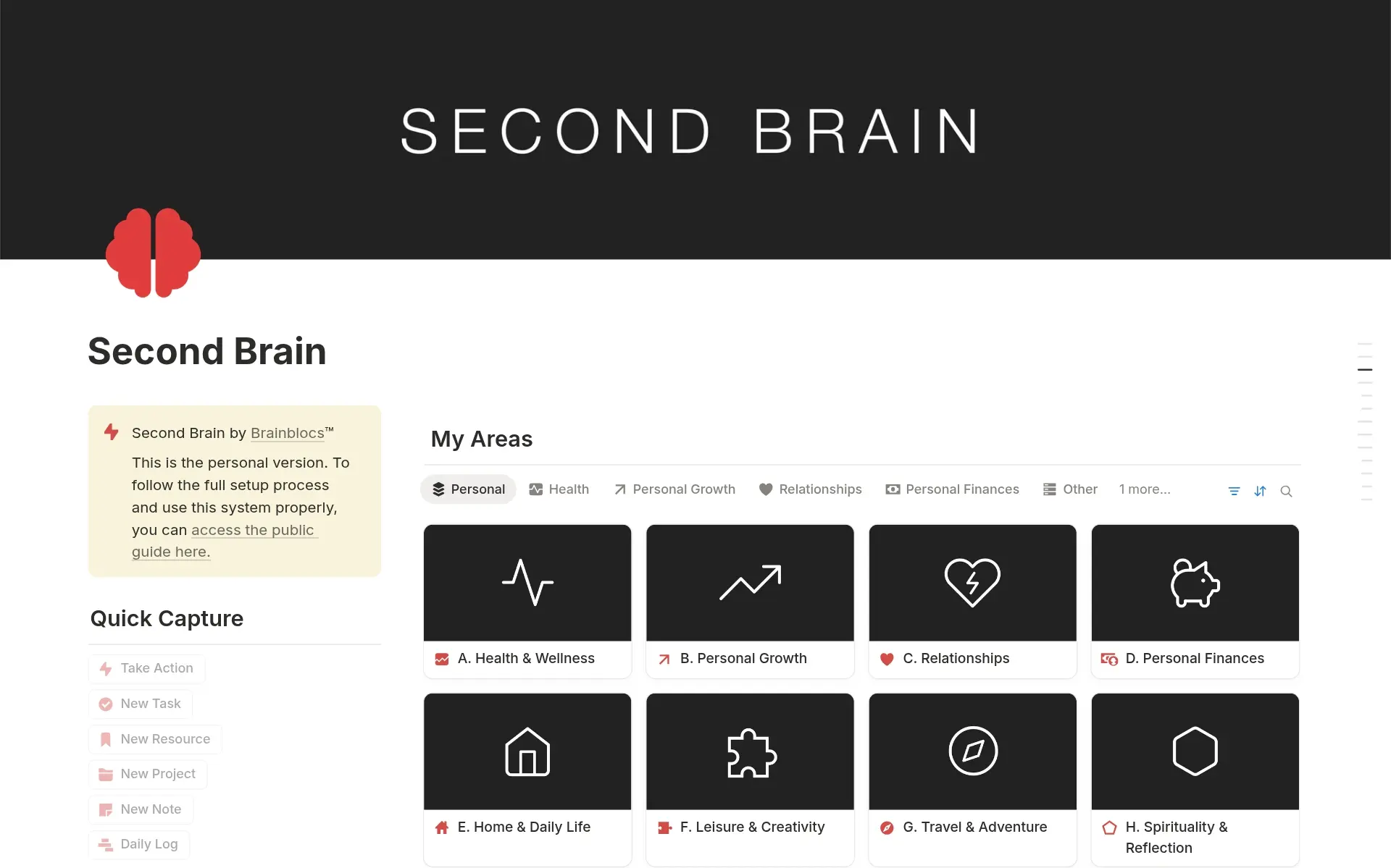 A template preview for Second Brain