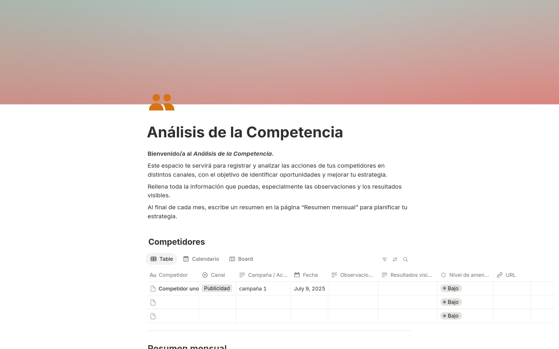 Vista previa de plantilla para Análisis de la Competencia