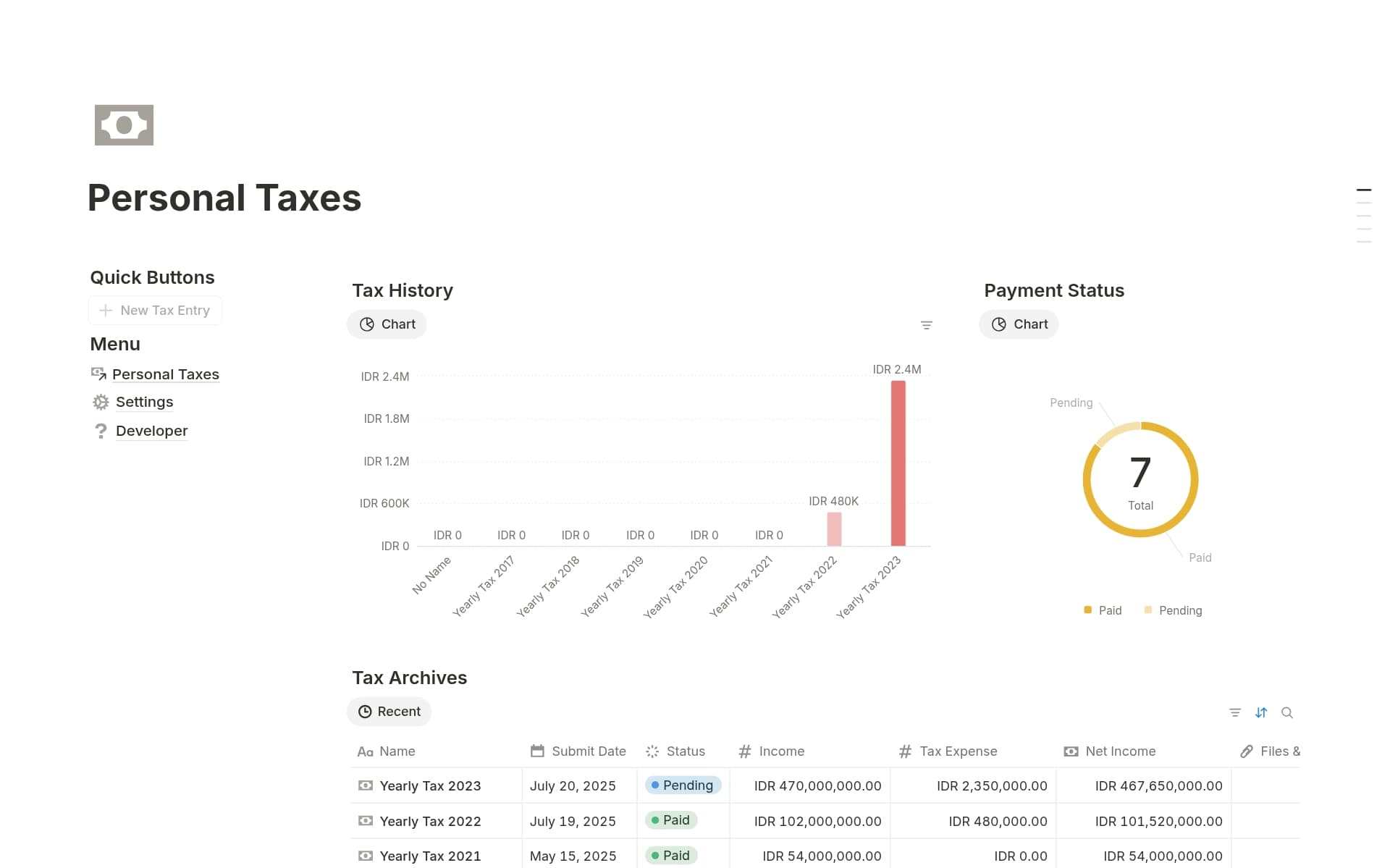 A template preview for Personal Taxes 2025