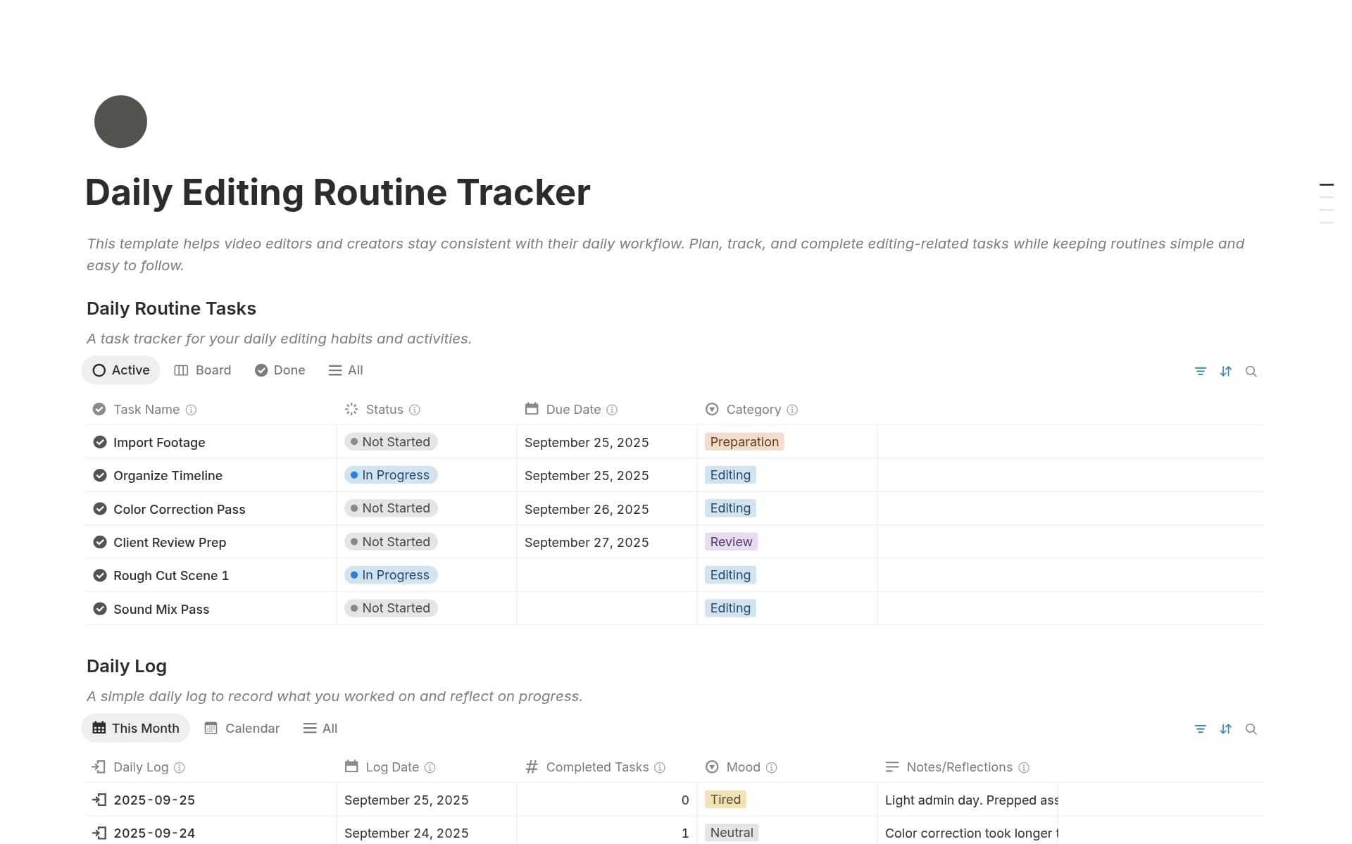 A template preview for Daily Editing Routine Tracker