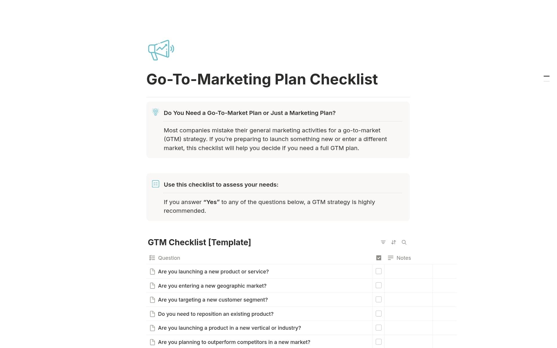 A template preview for Go-To-Marketing Plan Checklist