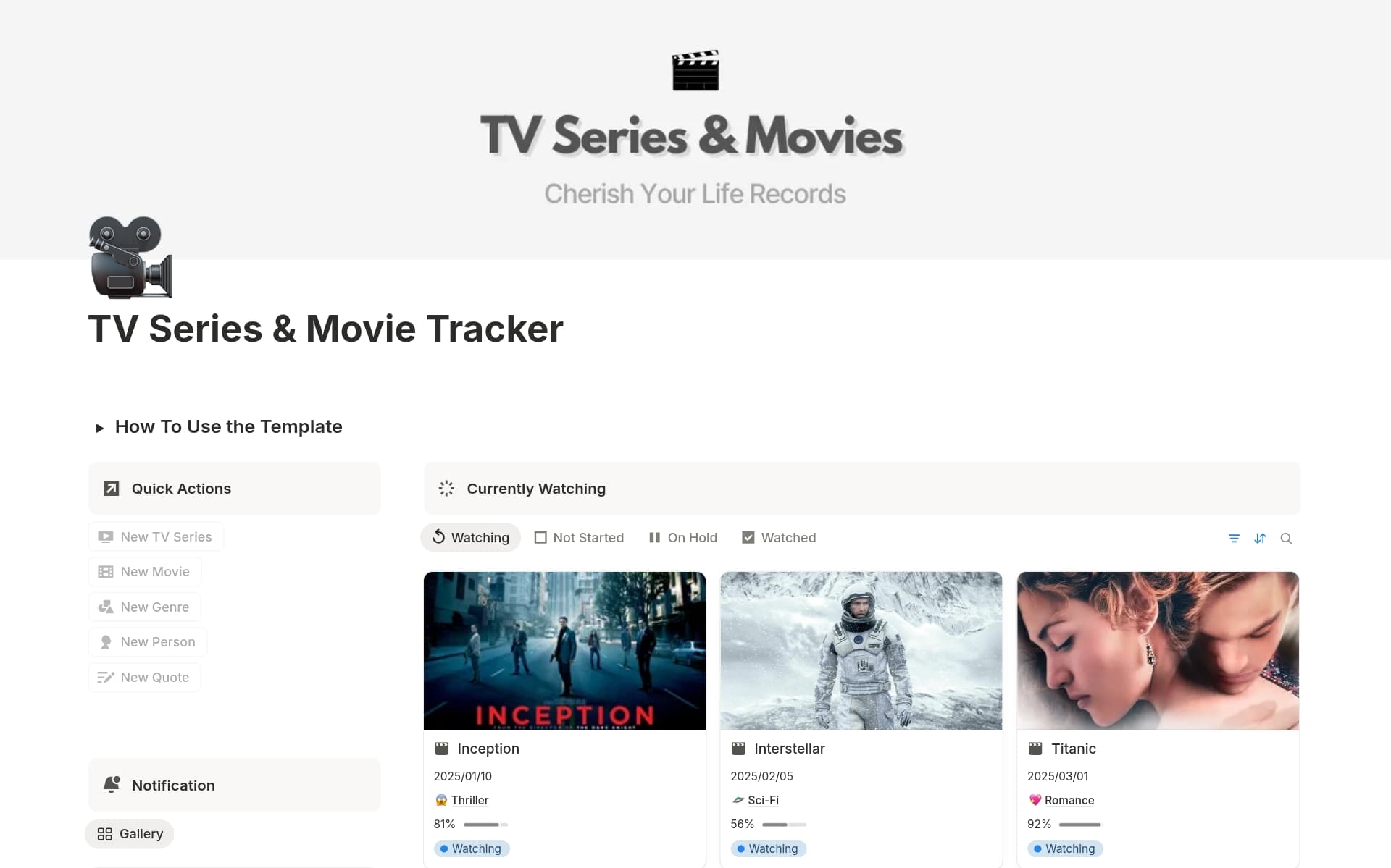 A template preview for TV Series & Movie Tracker