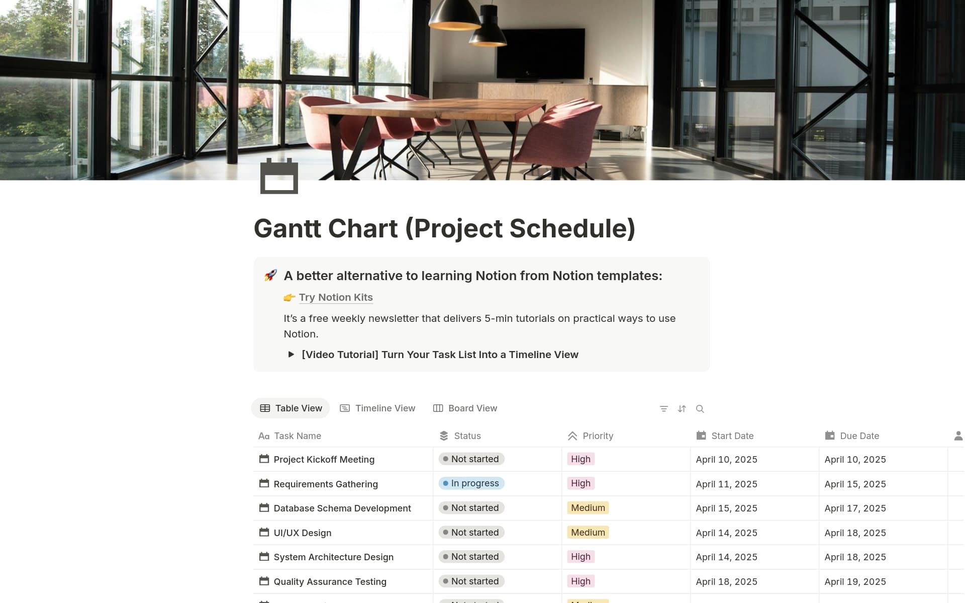 Say goodbye to overwhelming task lists and hello to clarity. The Notion Gantt Chart (Timeline View) Project Schedule turns your standard task tracker into a beautifully visual timeline