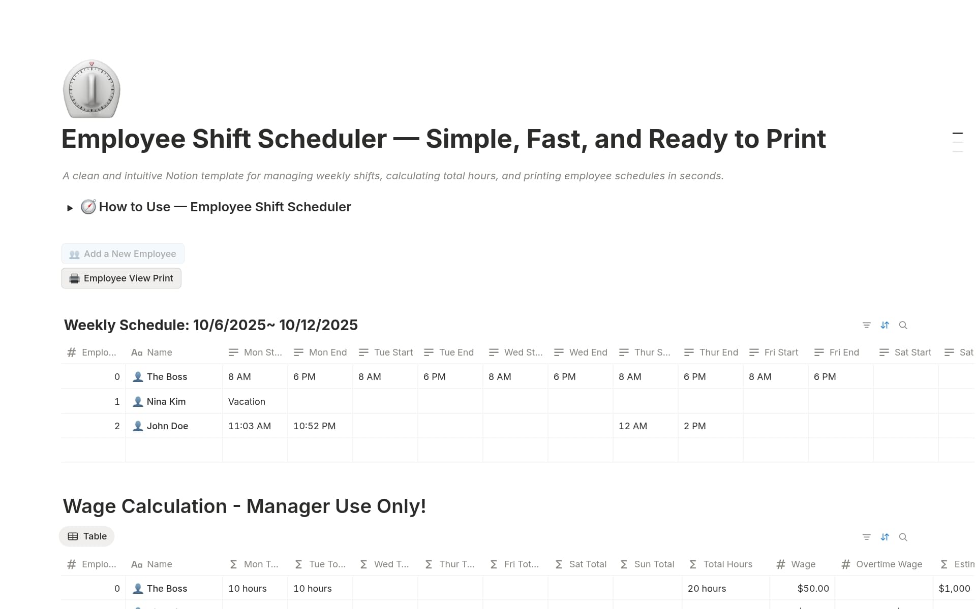 A template preview for Employee Shift Scheduler