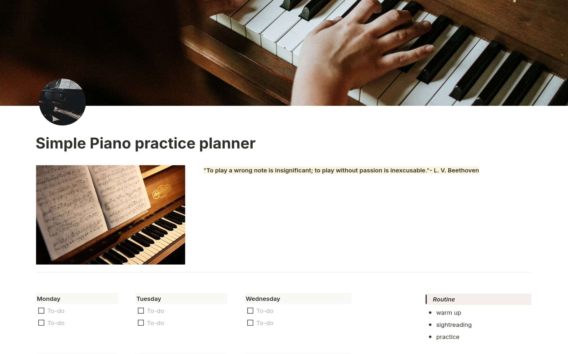 A template preview for Simple piano practice planner
