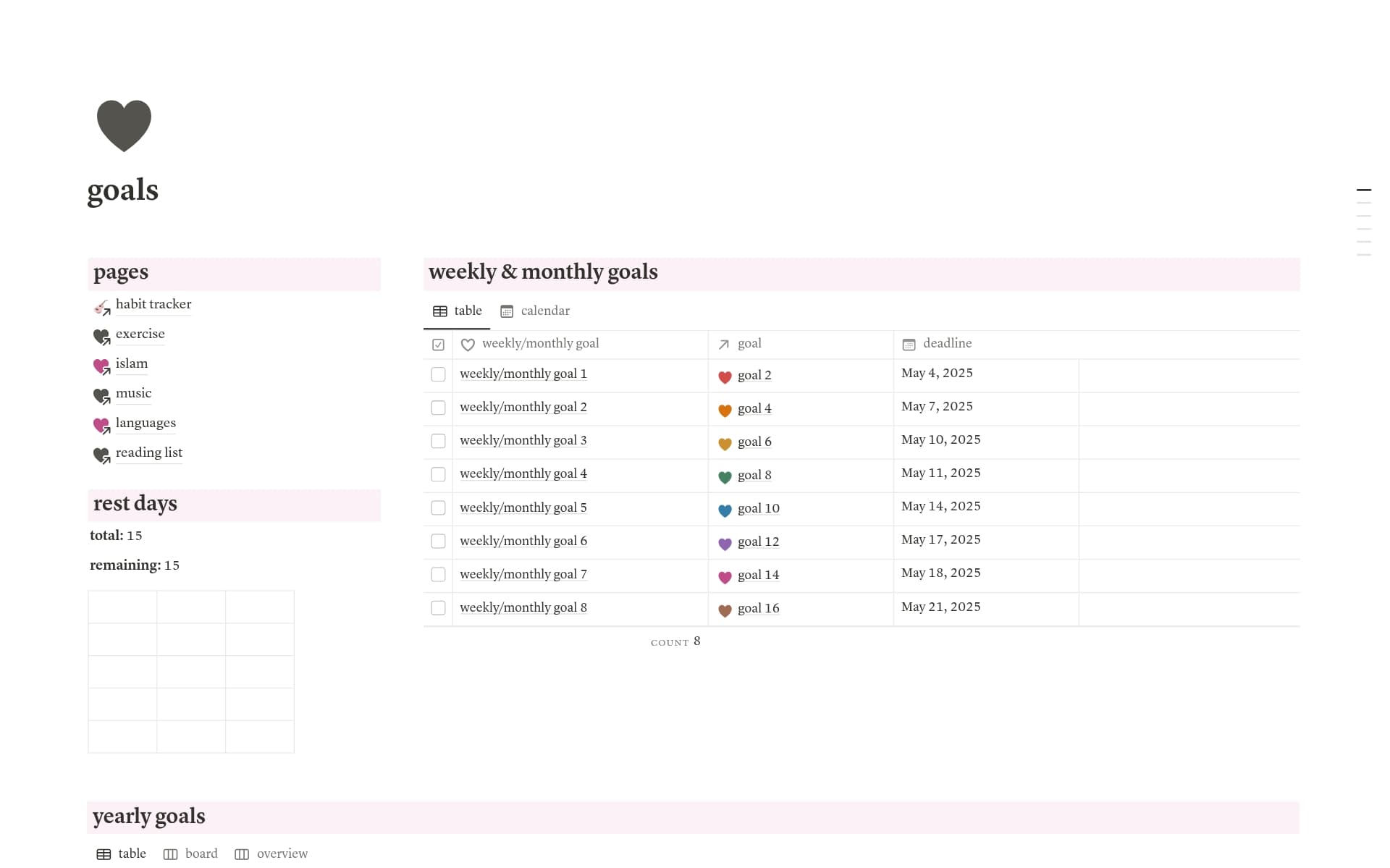 A template preview for goals