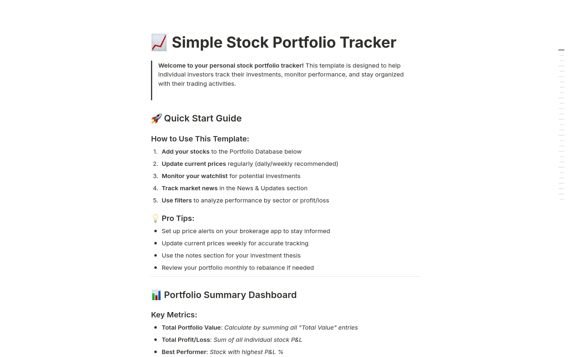 A template preview for Simple Stock Portfolio Tracker