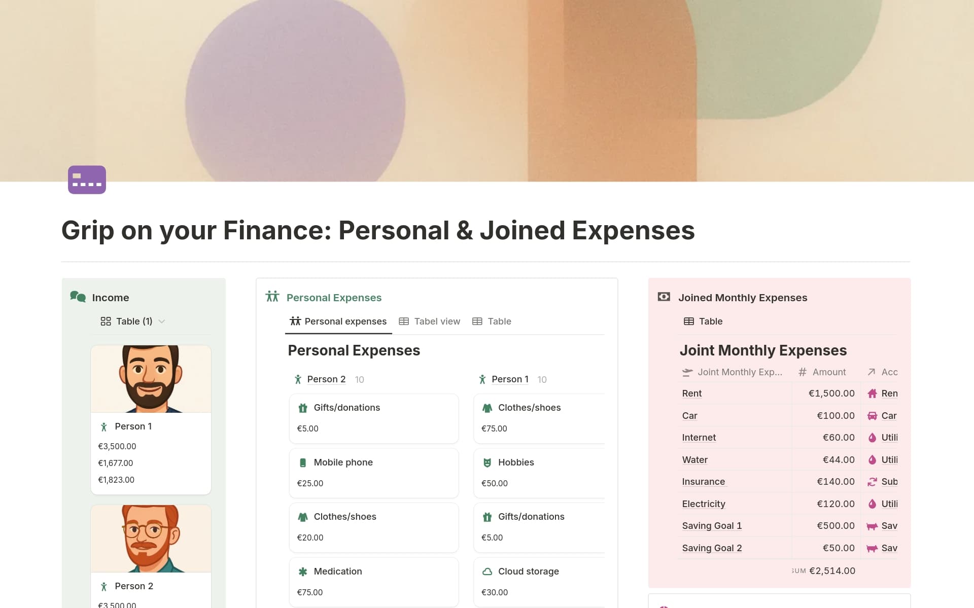A template preview for Grip on your Finance: Personal & Joined Expenses