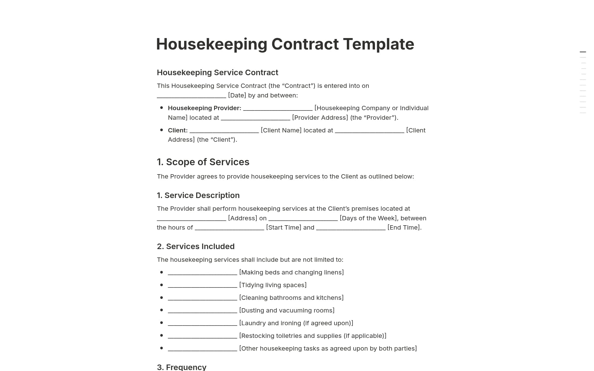 A template preview for Housekeeping Contract